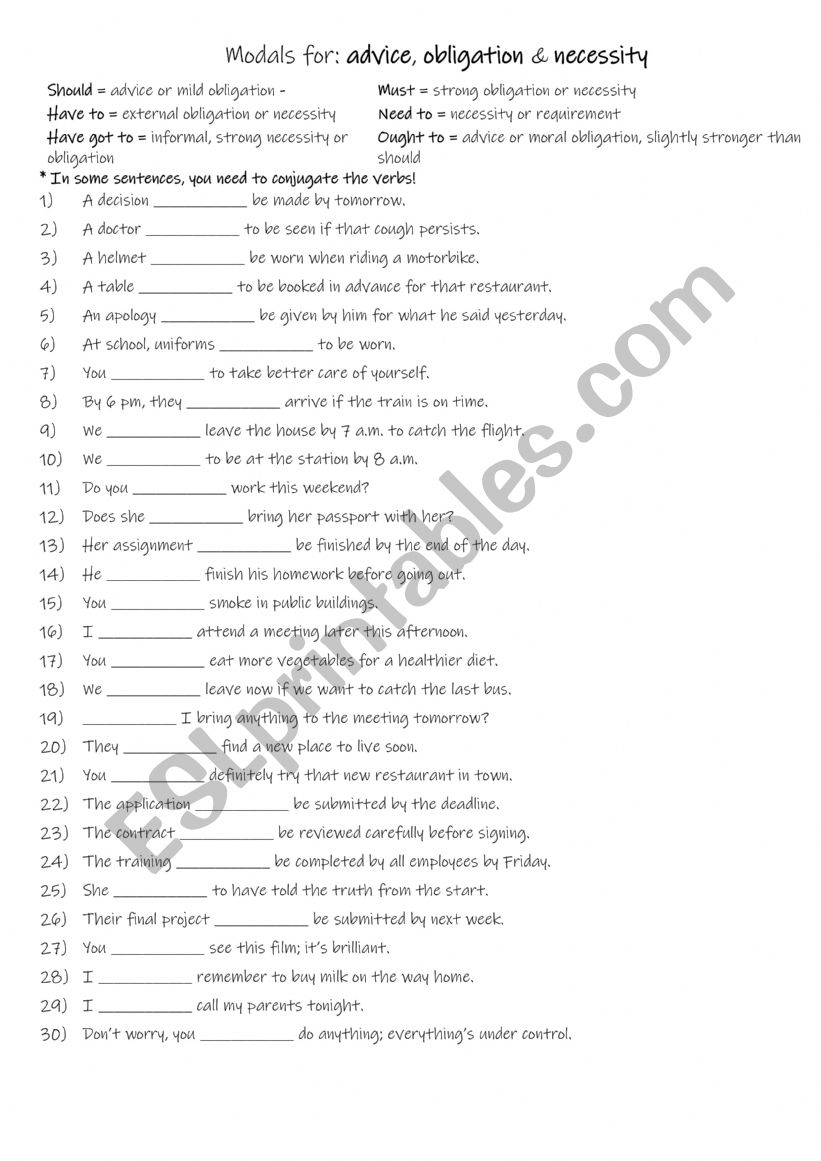 A2+-B1+ Modal Verbs for Advice, Obligation, and Necessity