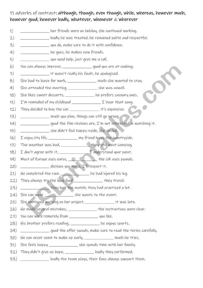 B1+ -C1 11 adverbs of contrast although, though, even though, while, whereas, however much, however good, however badly, whatever, whenever & wherever