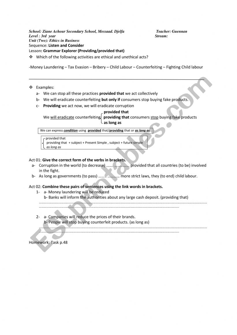 condition worksheet