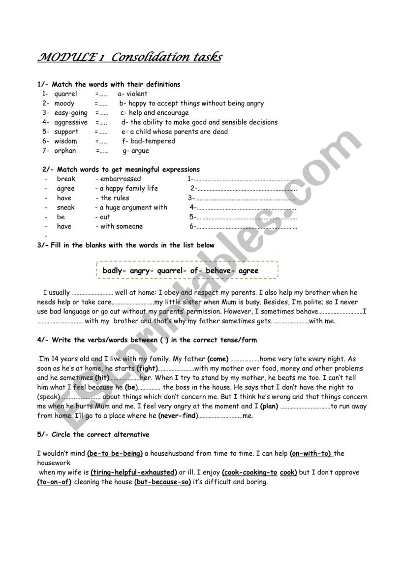 MODULE 1 FAMILY LIFE  worksheet