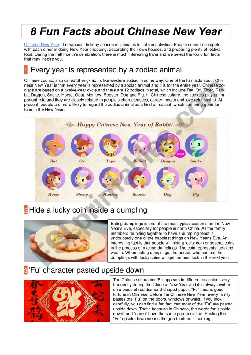 Reading comprehension : 8 fun facts about Chinese New Year