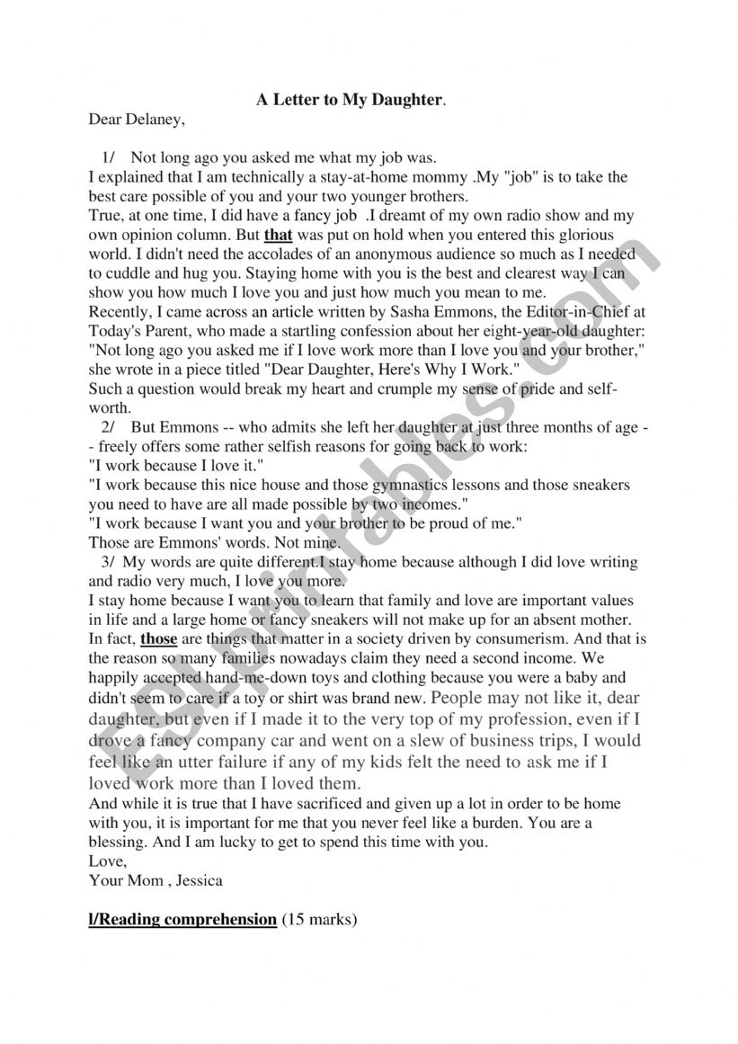 A Letter to my daughter  worksheet