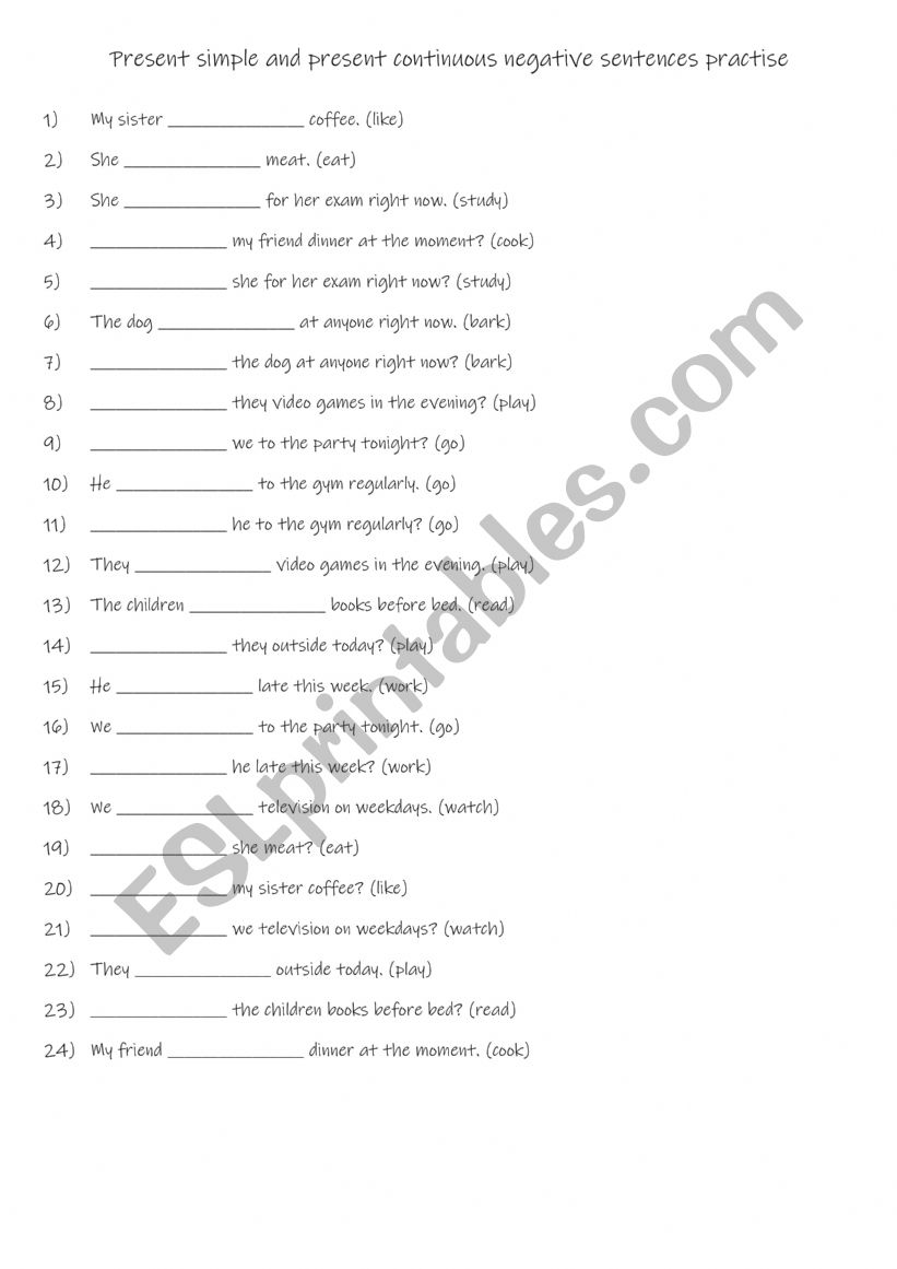 A1+-A2 Present simple and present continuous negative sentences practise