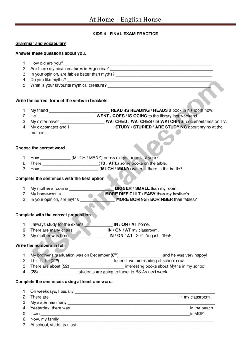 Final exam practice - kids 4 worksheet