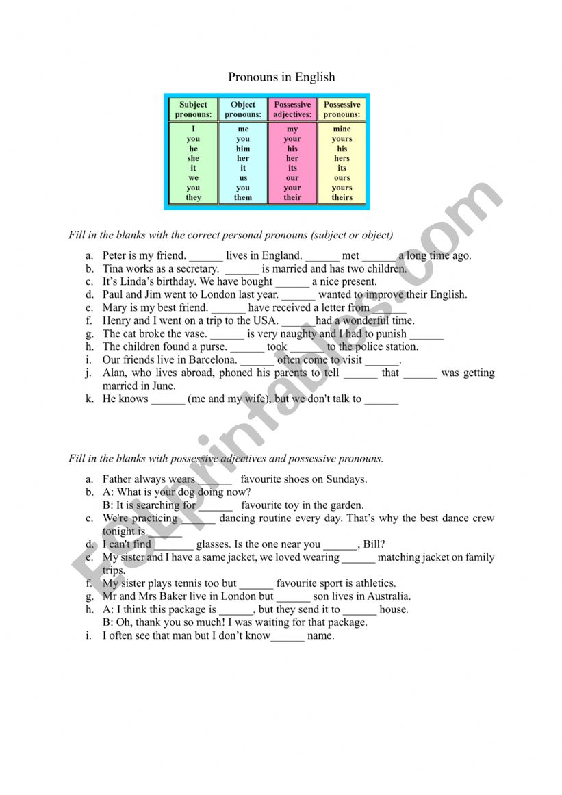 pronoun exercise worksheet