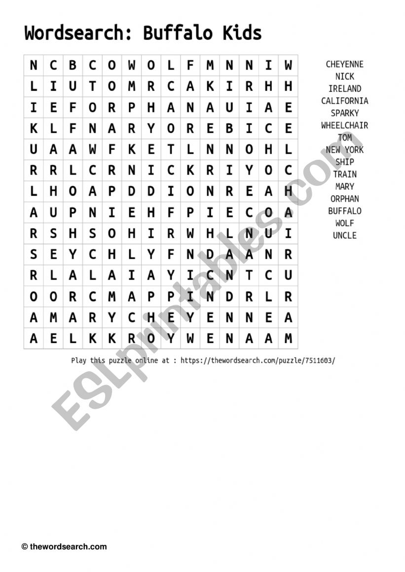 Buffalo Kids wordsearch worksheet