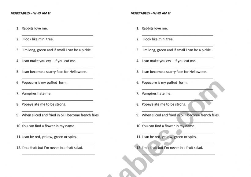 Vegetables - riddles worksheet