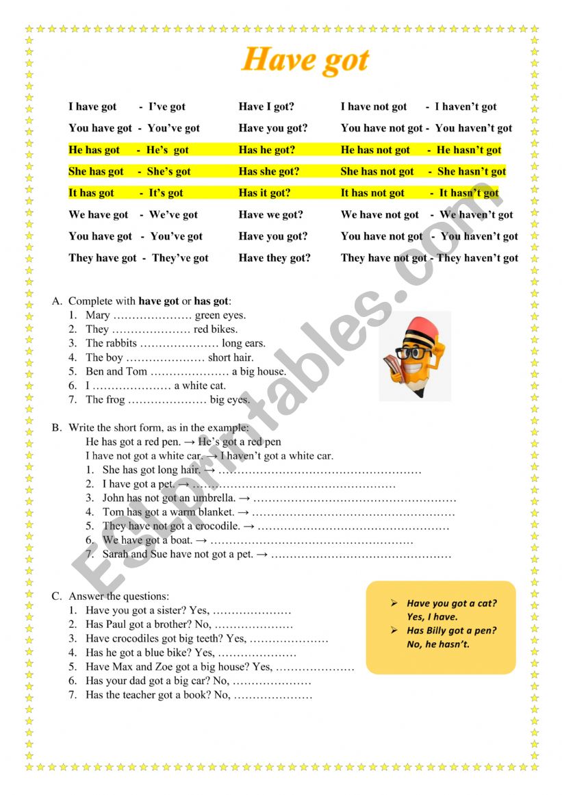 A, B junior revision worksheet