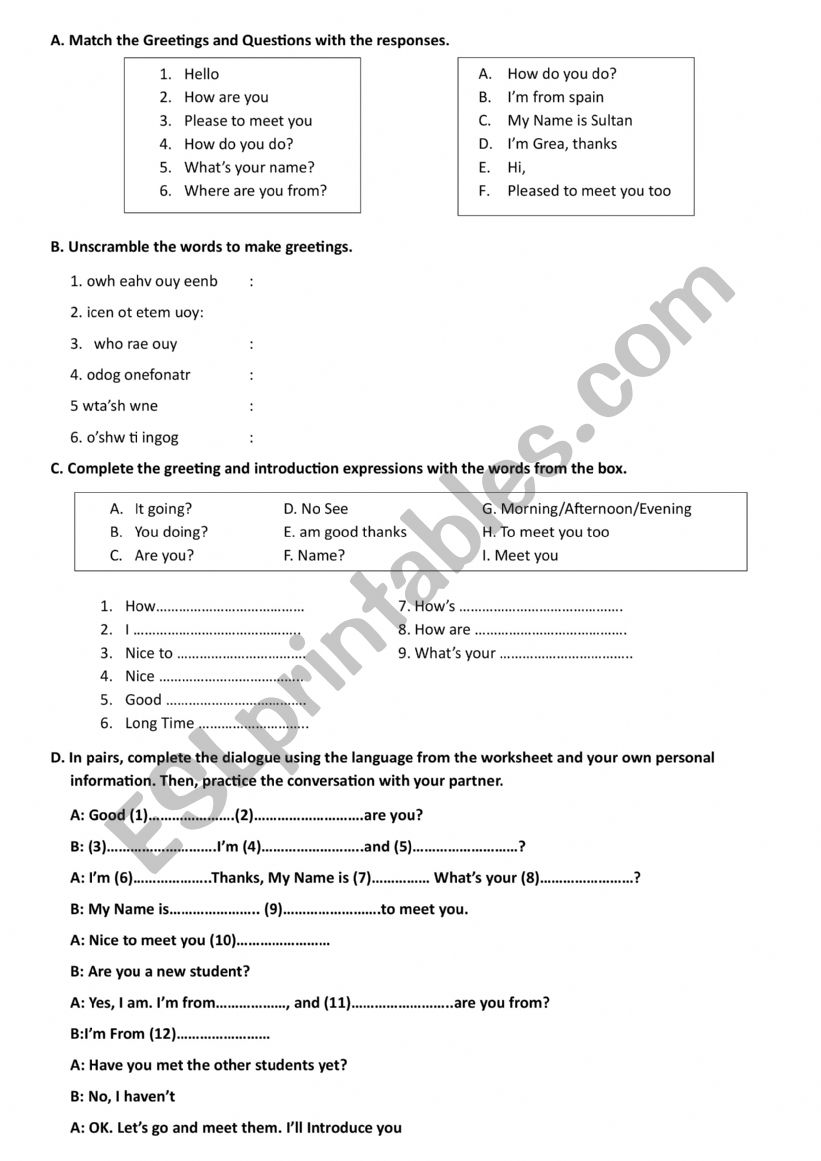 Greetings worksheet