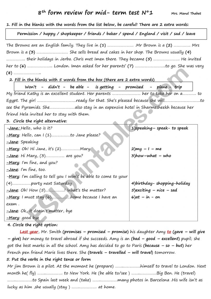 Review session mid term test 1 for 8th form