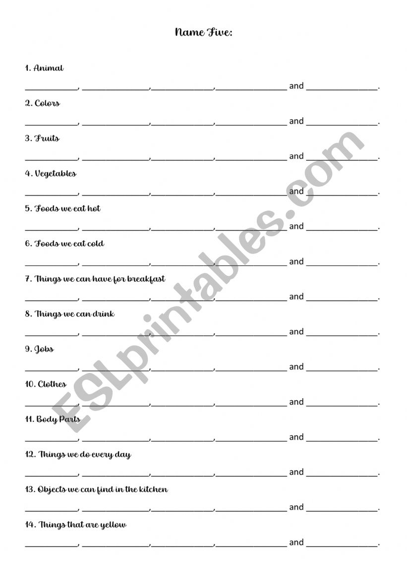 Name 5 worksheet