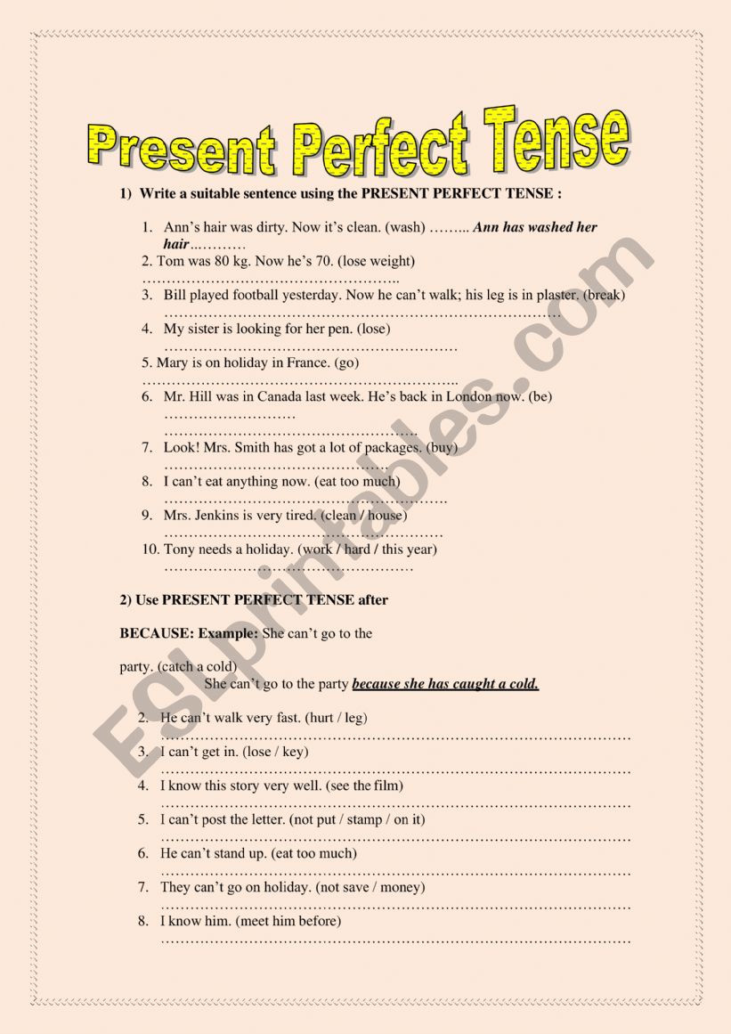 present perfect  tense worksheet