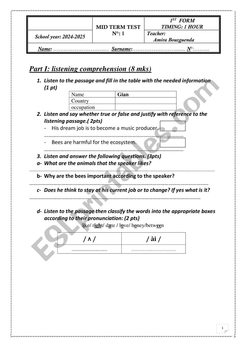 mid term test 1 1st year worksheet