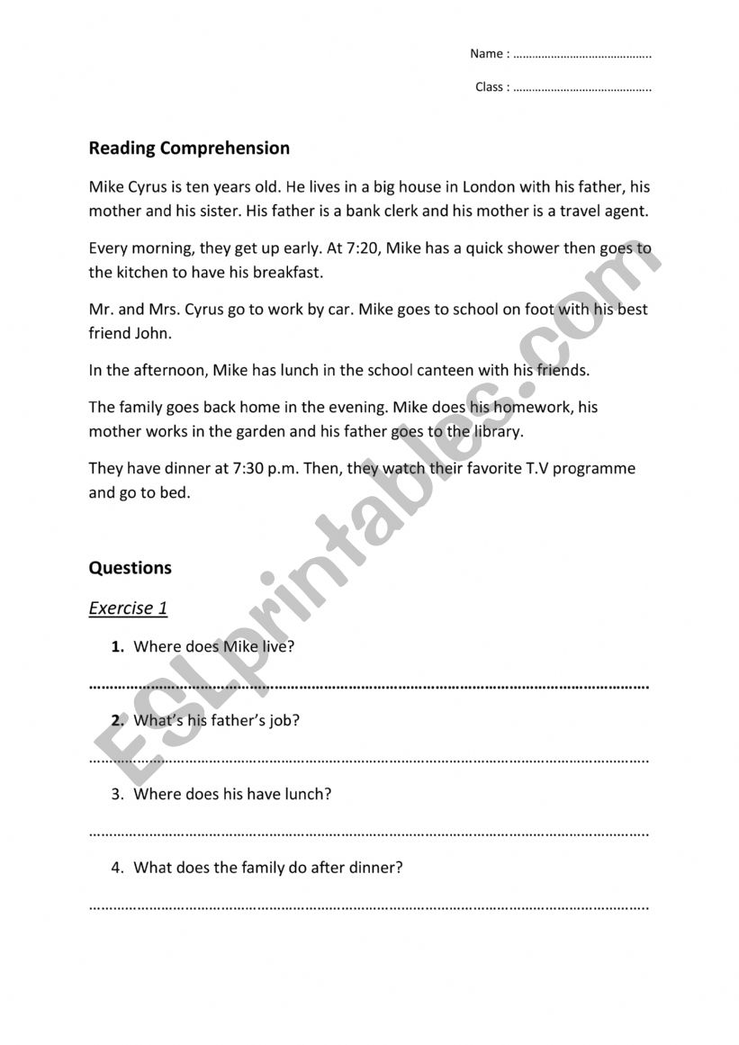 Reading Comprehension worksheet