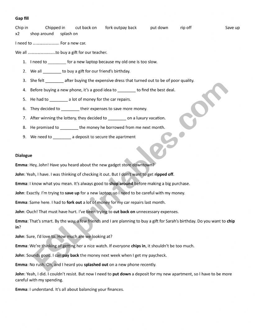 Phrasal verbs about money worksheet