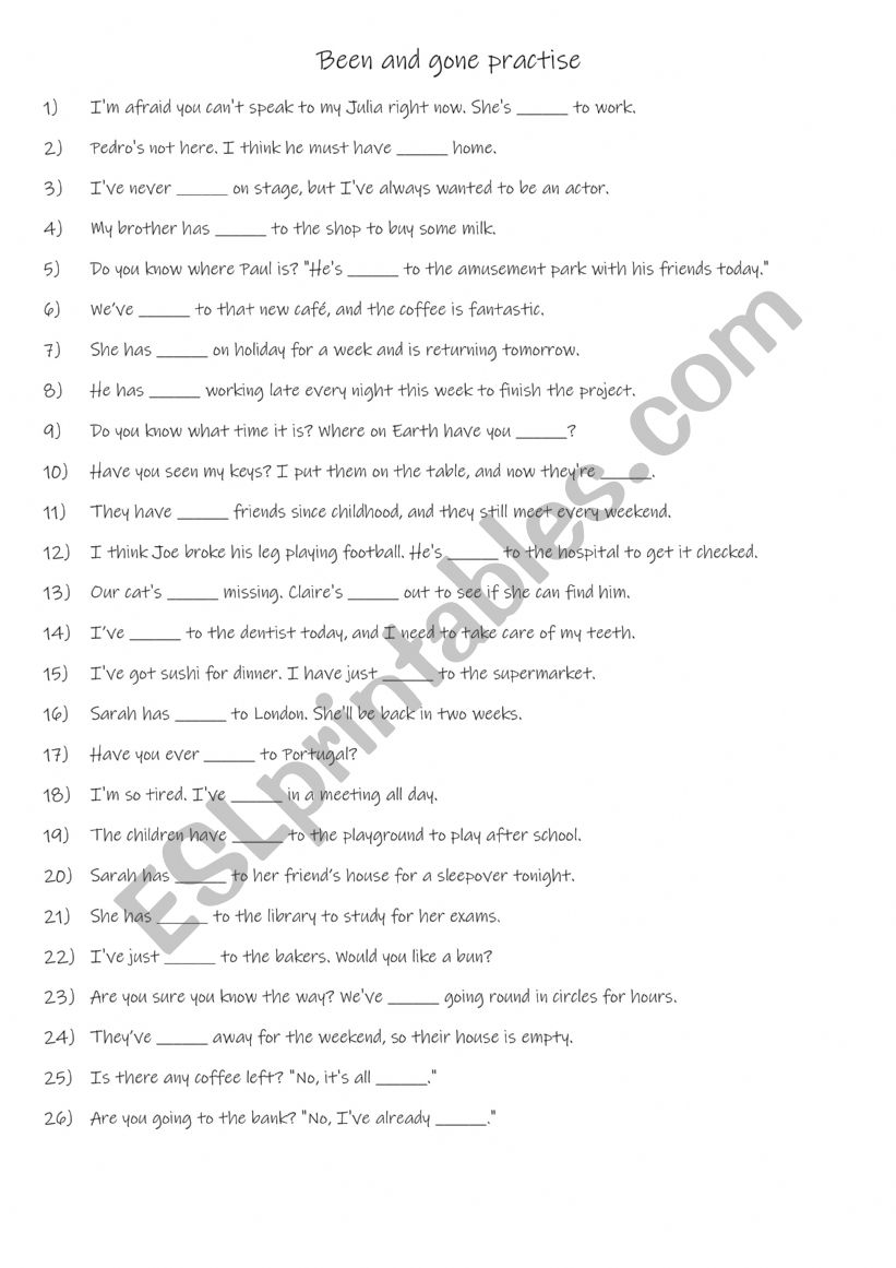 A2+-B1 Been & gone practise 2 worksheet