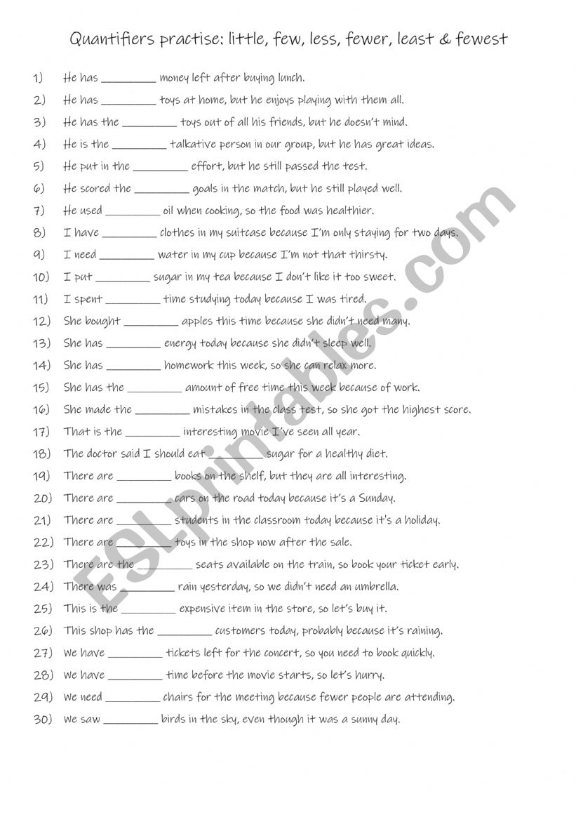 A2-B1 Quantifiers practise: little, few, less, fewer, least & fewest