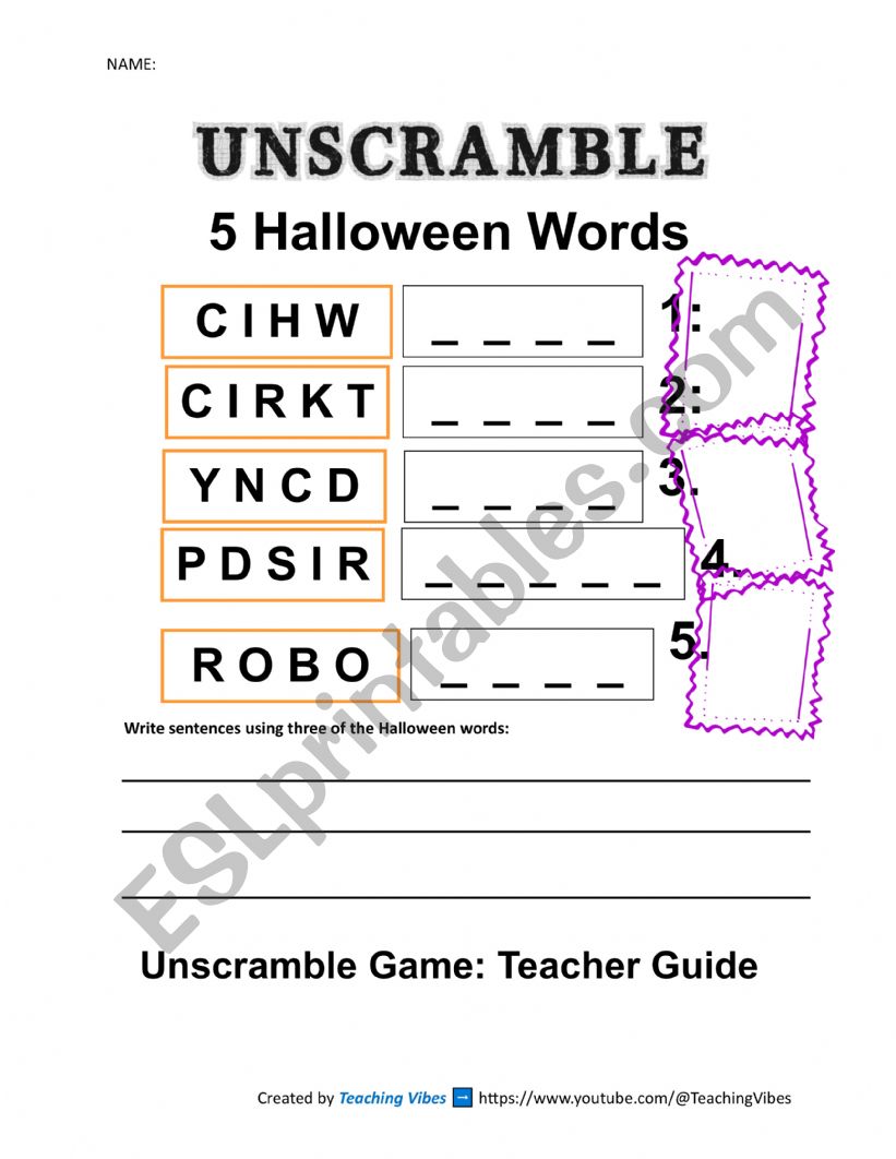 Halloween Unscramble Word Game with Video