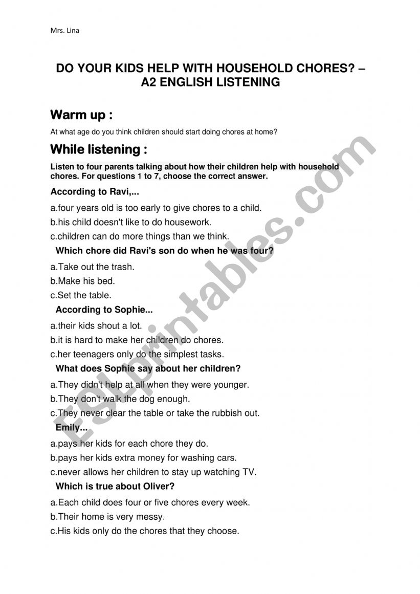 listening about house chores  worksheet