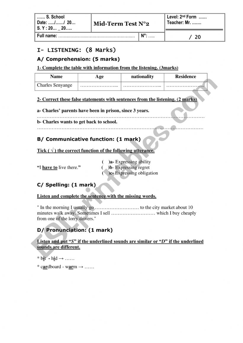 Ordinary Test n 2   Second Year