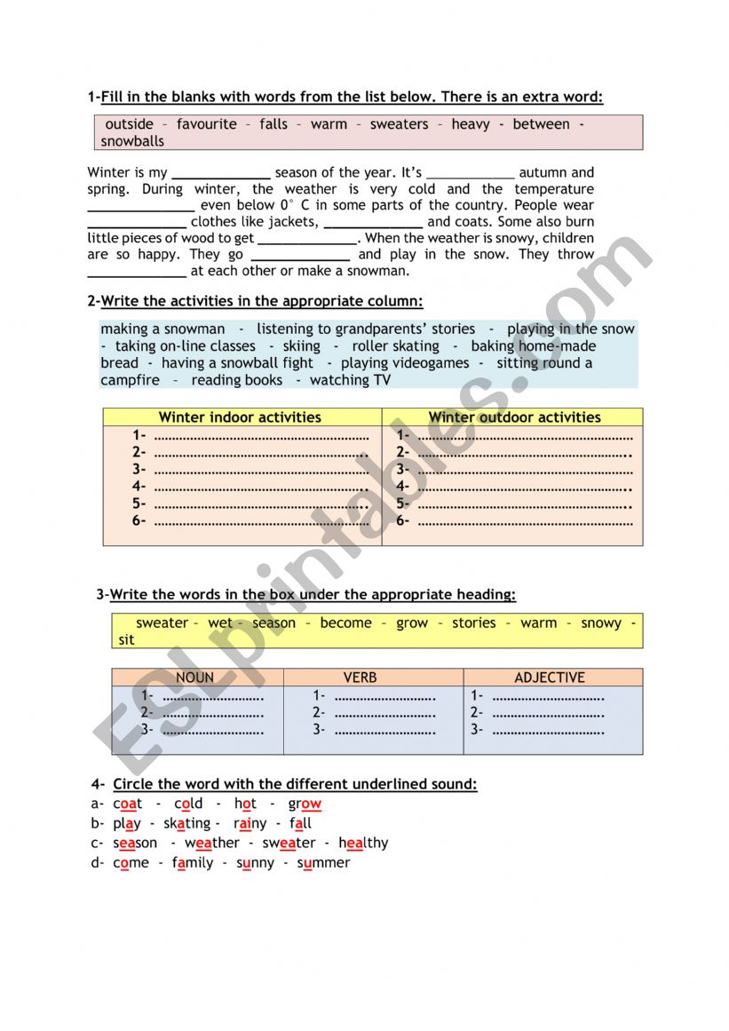 indour outdour activities worksheet