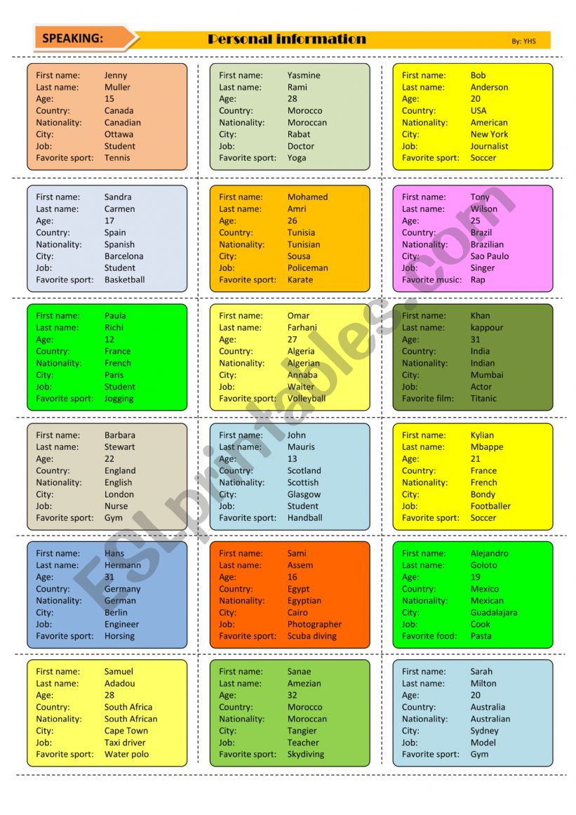 personal information  worksheet