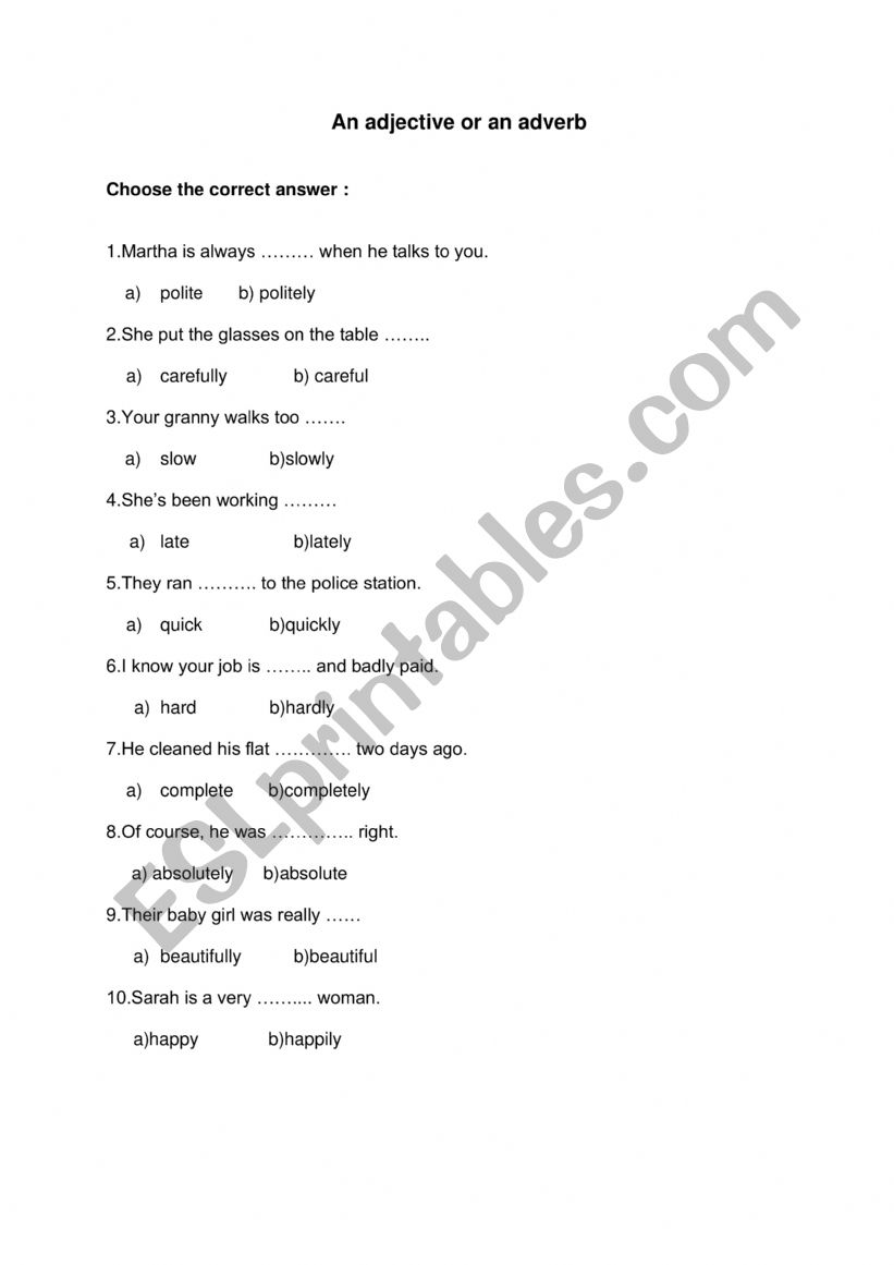 Adjective or adverb worksheet