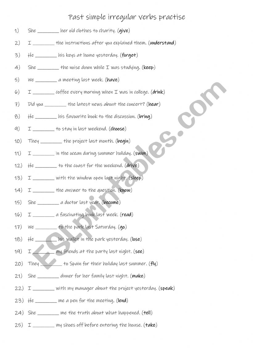 A1+ -A2 Past simple irregular verbs practise