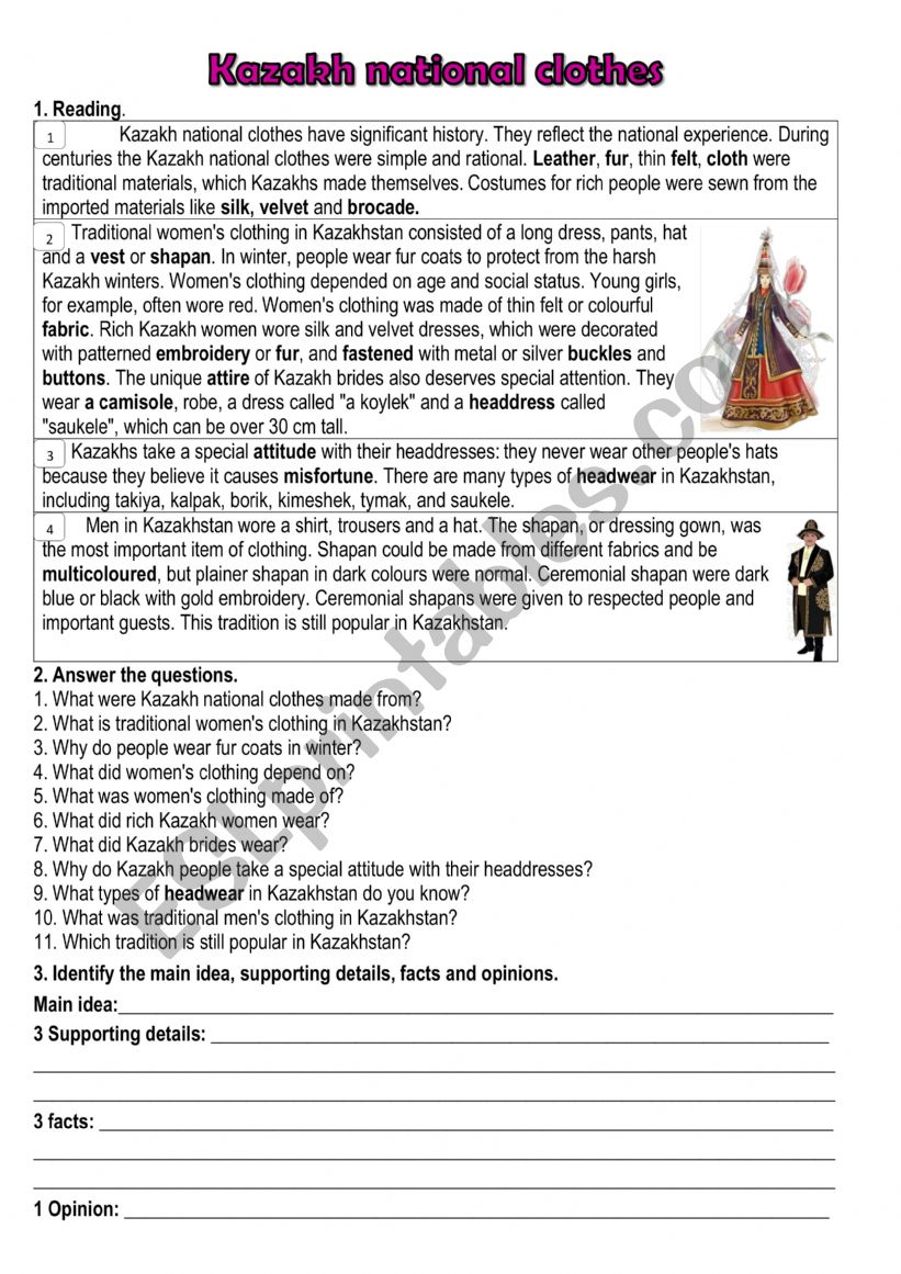 Kazakh national clothes worksheet