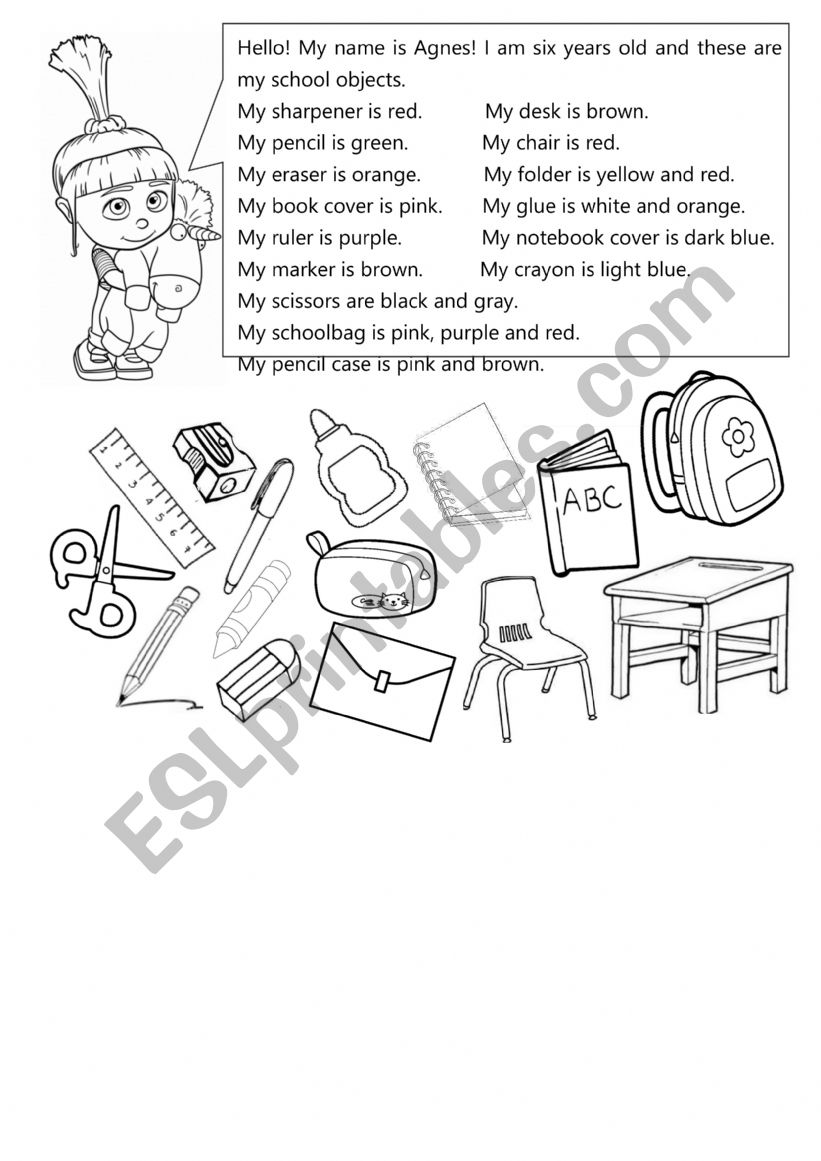 Agnes School Objects - Read and Color Activity