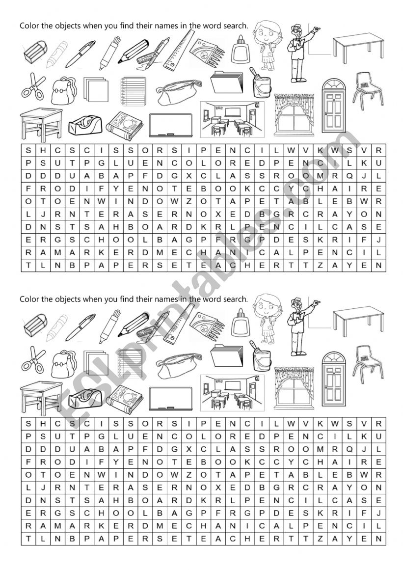 School Things - Word Search. worksheet