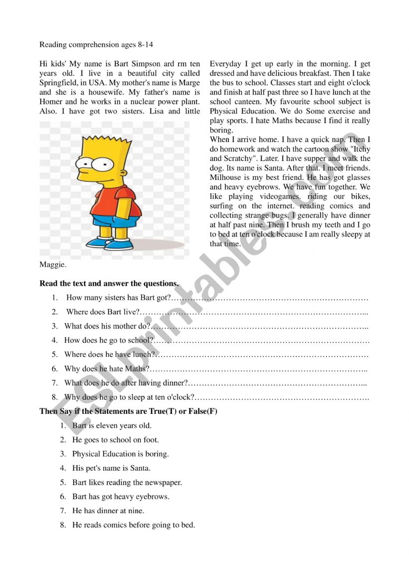 Reading comprehensin  worksheet