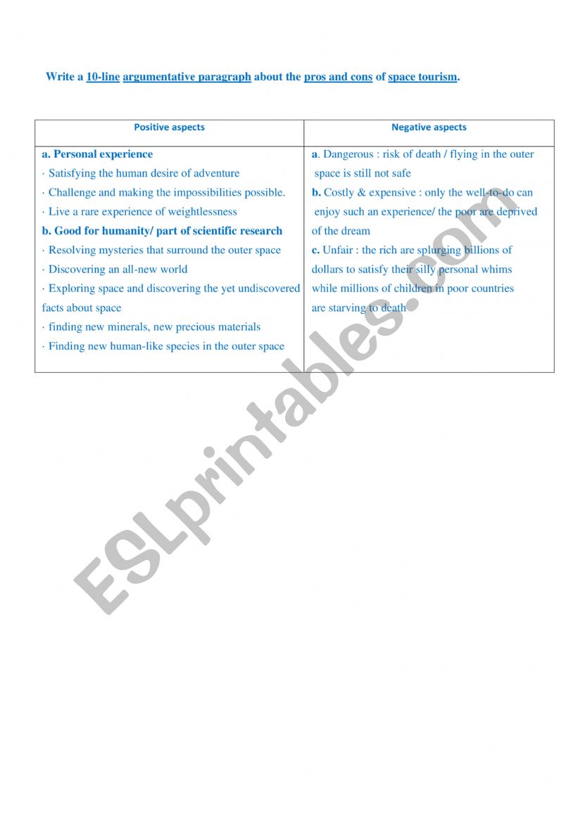 space tourism worksheet