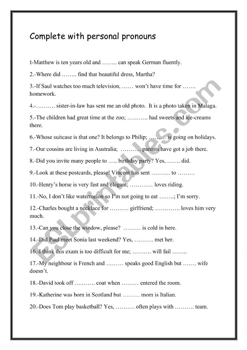 personal pronouns worksheet