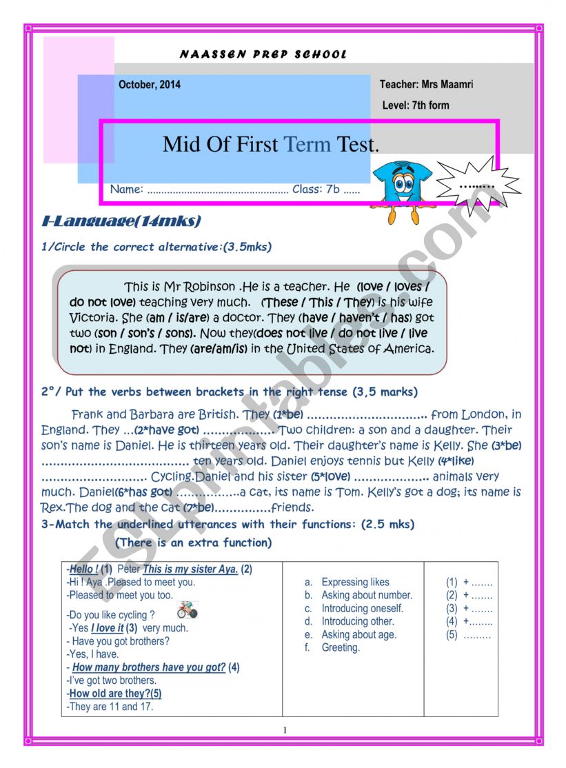 mid term test worksheet