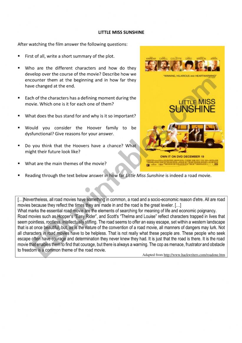 Little Miss Sunshine worksheet