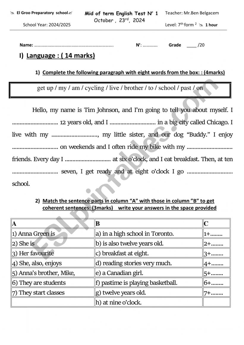 mID TERM TEST 1 FOR SEVENTH FORM