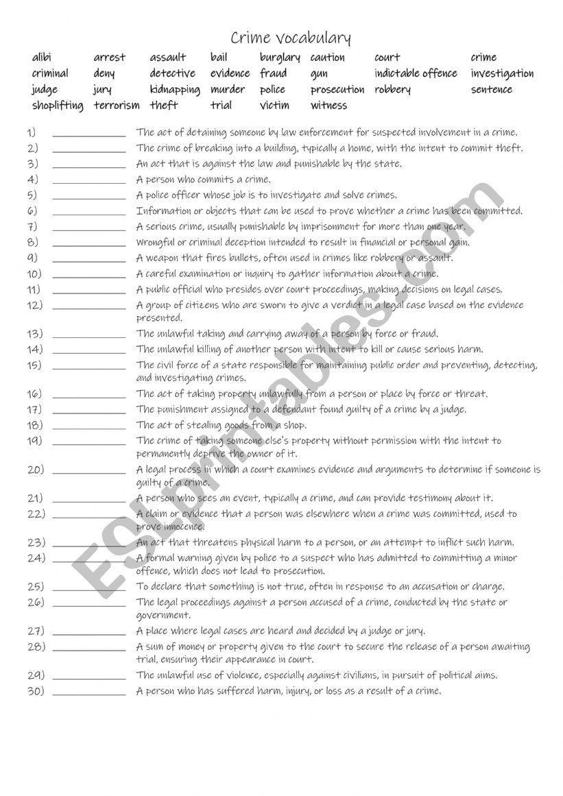 A2+- B1 Crime vocabulary - 30 words