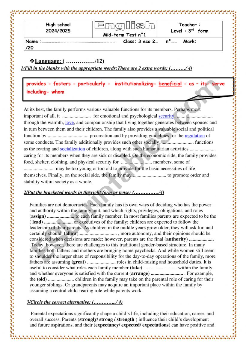 mid term test n1 3rd formers worksheet