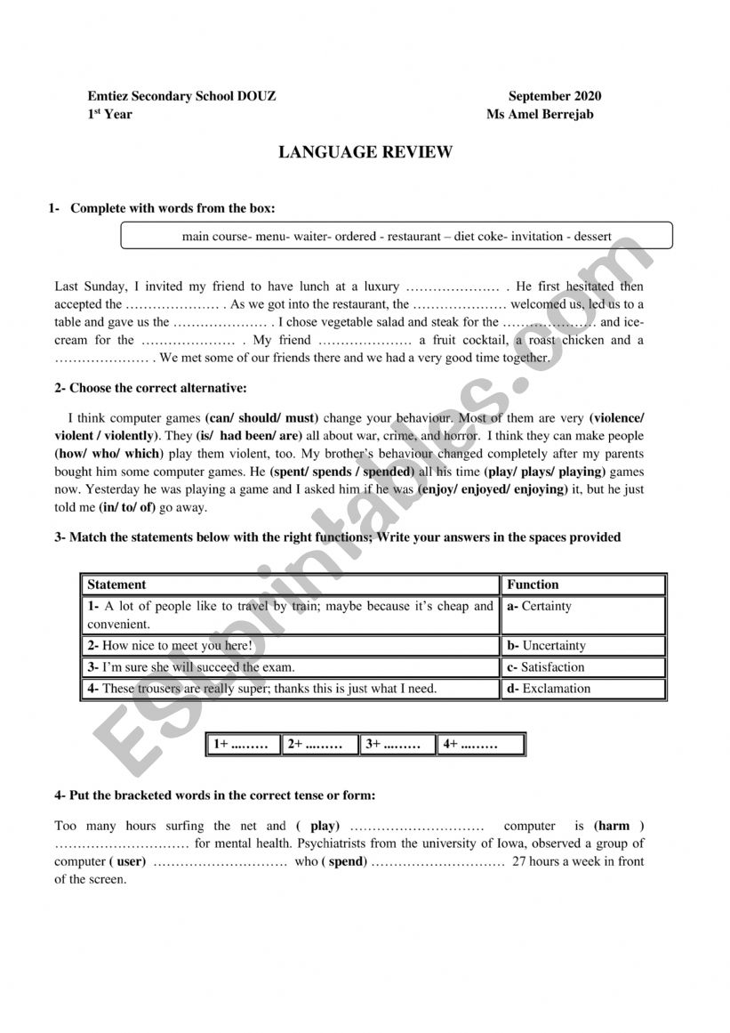 grammar review worksheet