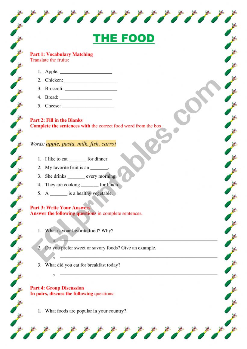 worksheet the food worksheet