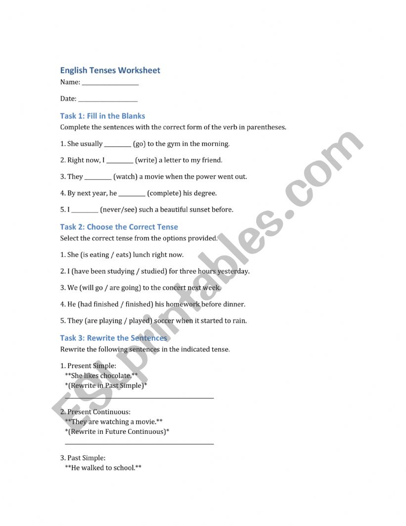 The English Tenses Worksheet worksheet