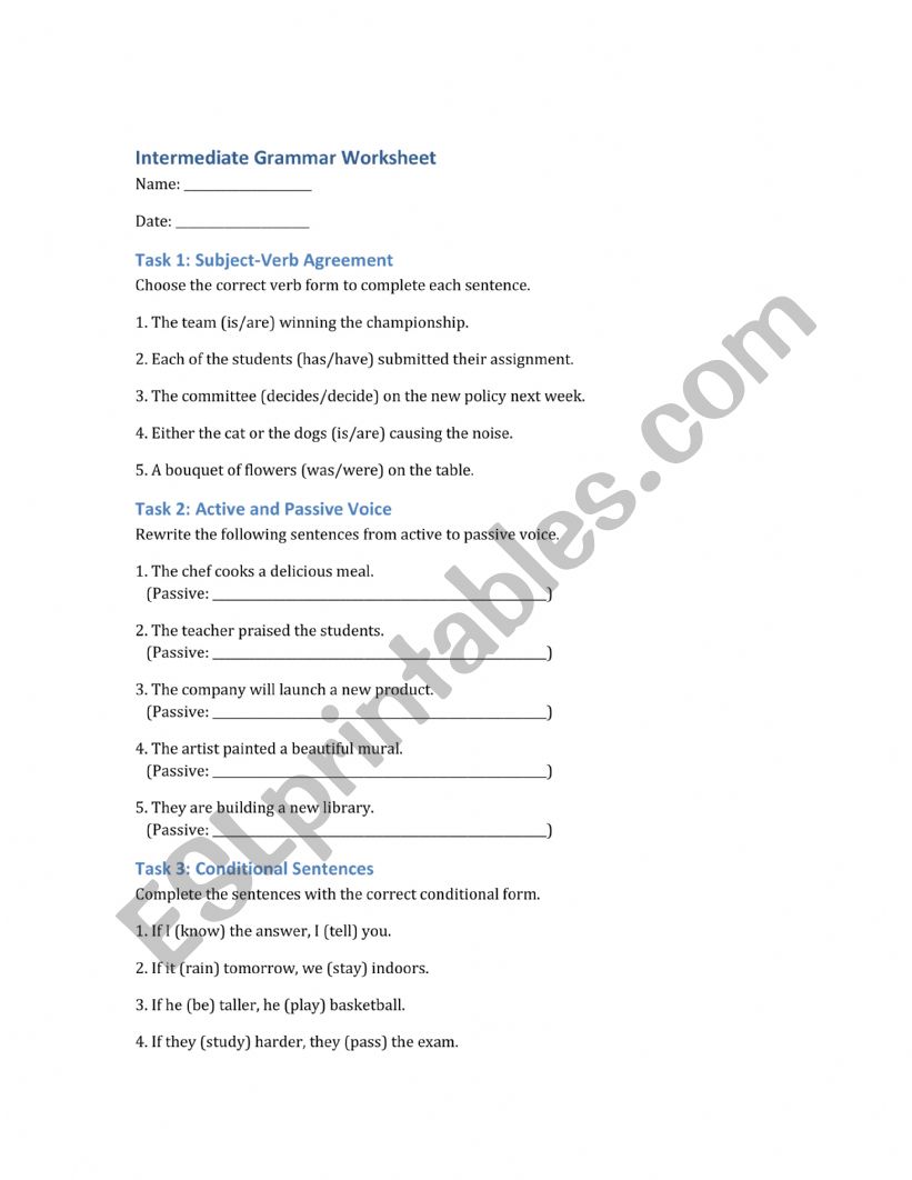 Intermediate Grammar Worksheet