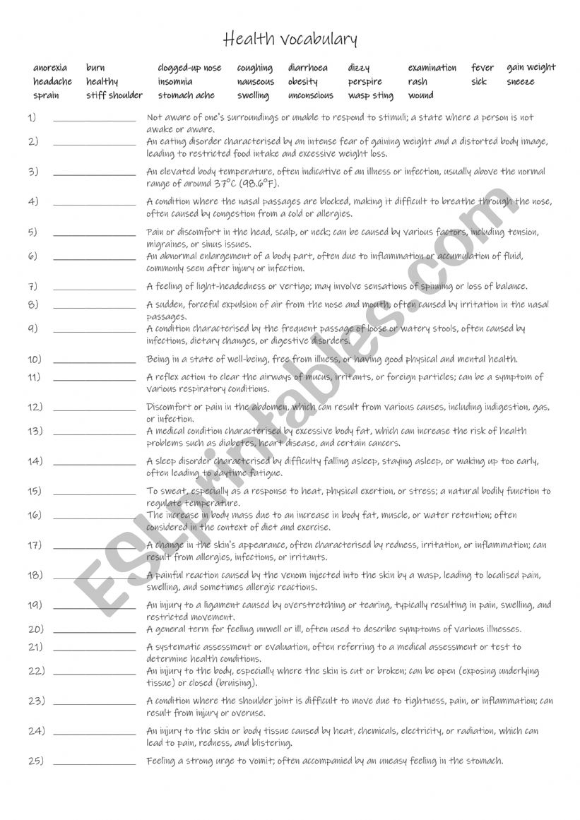 A2+-B1 25 Health vocabulary words