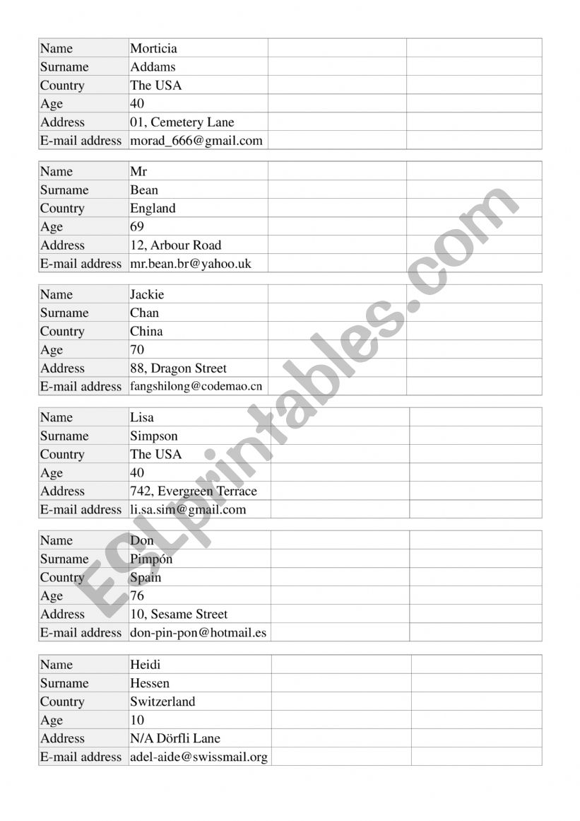 Personal information practice worksheet