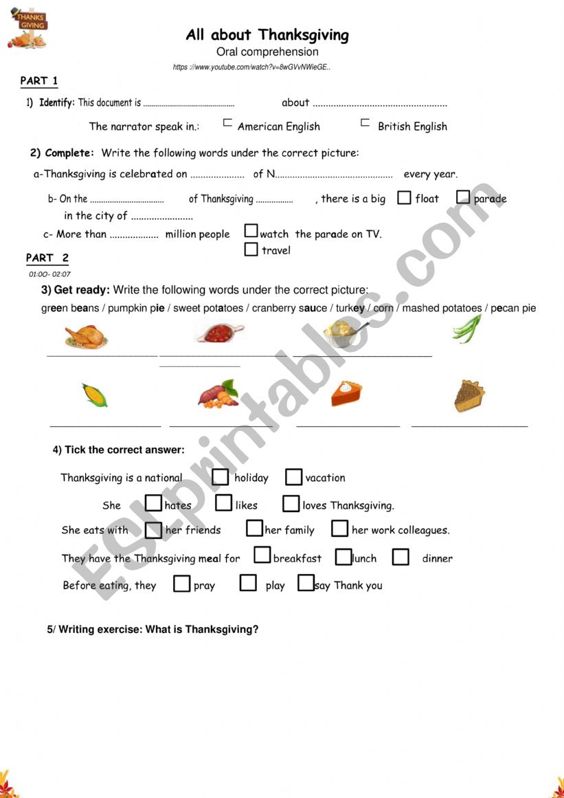 All about Thanksgiving worksheet