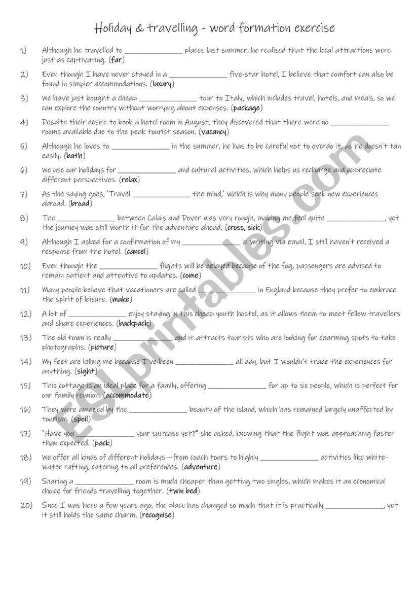 B1 Holiday & travelling - word formation exercise