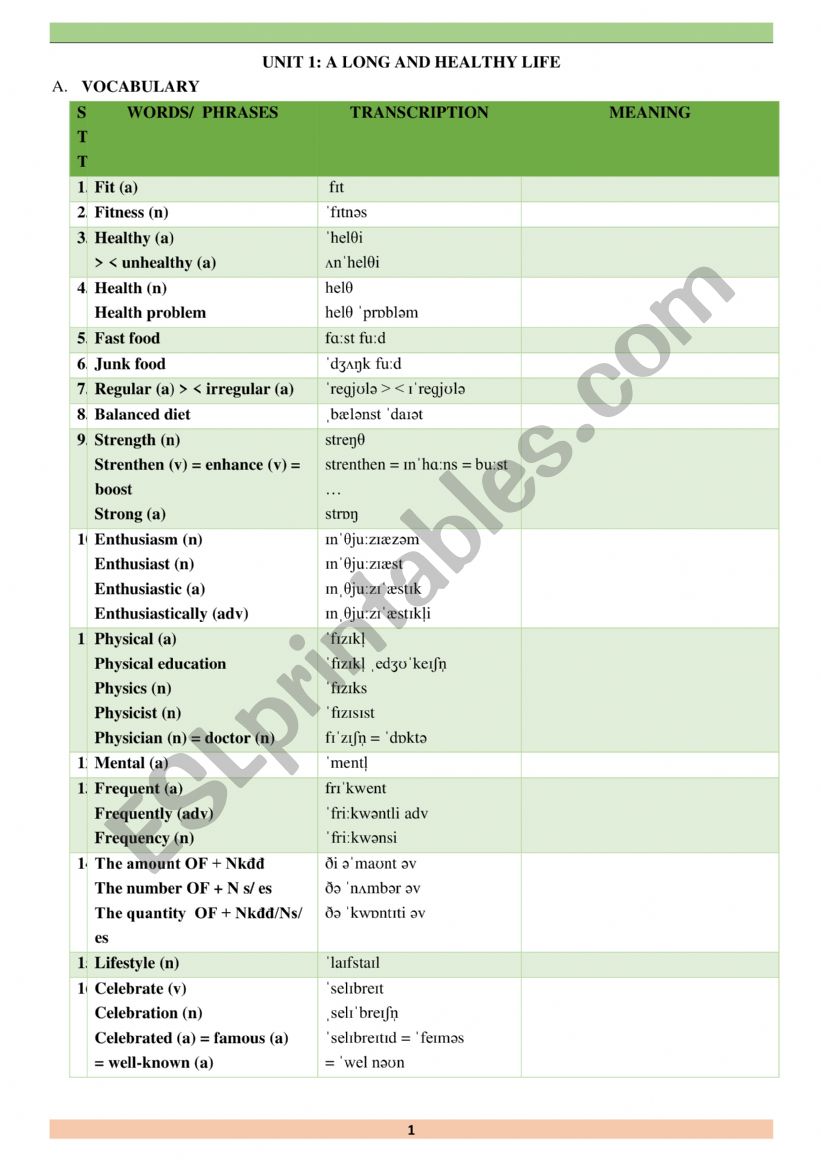 A LONG AND HEALTHY LIFE worksheet