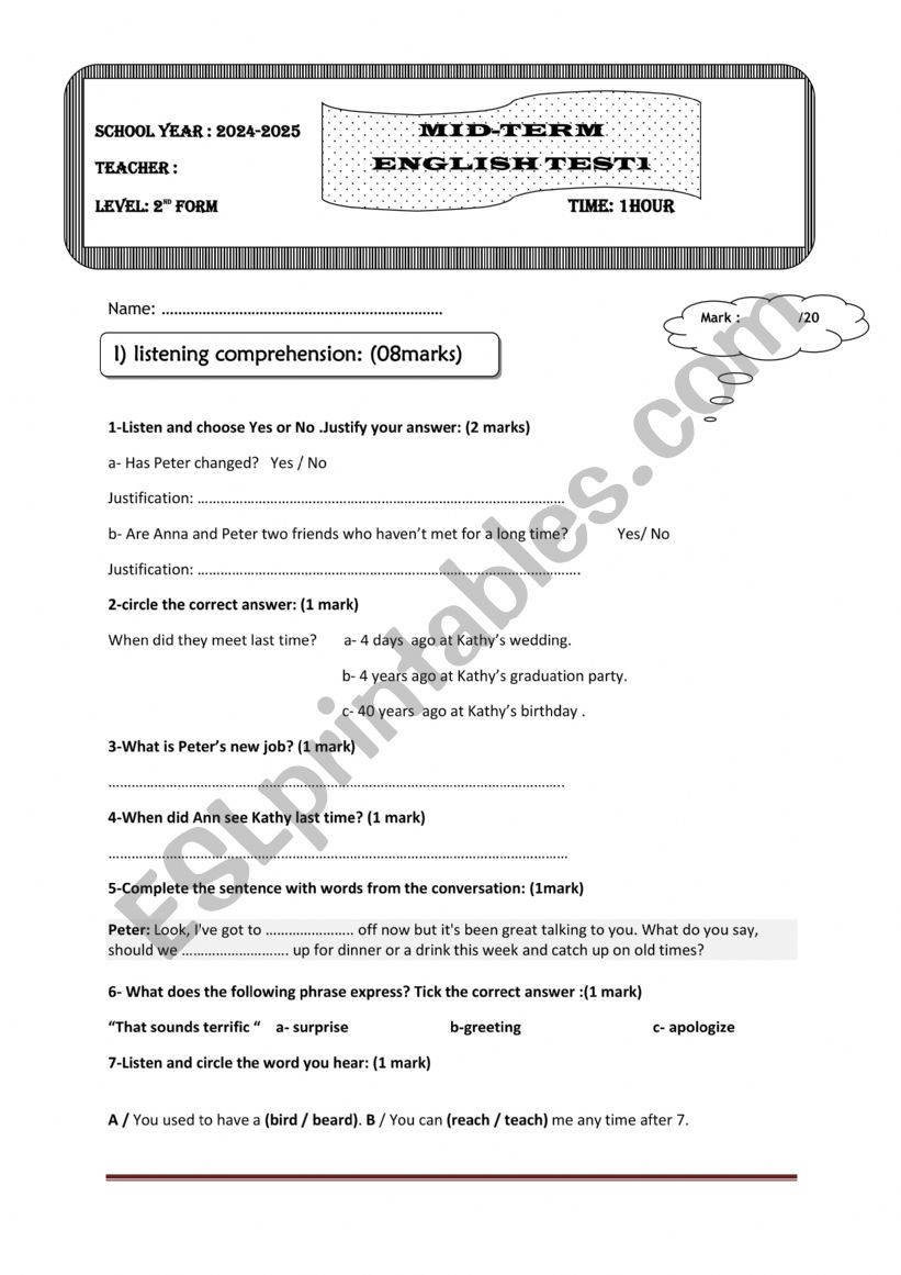 2nd form test worksheet