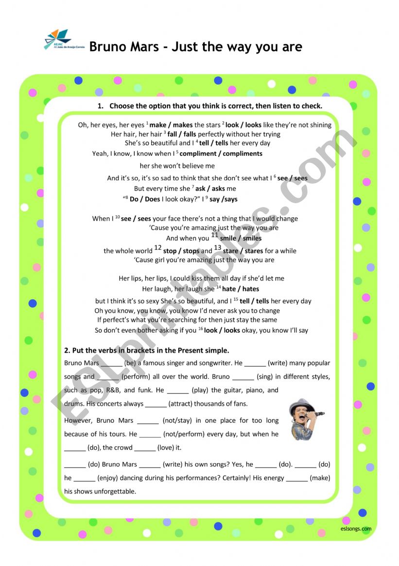 Bruno Mars- Present simple worksheet